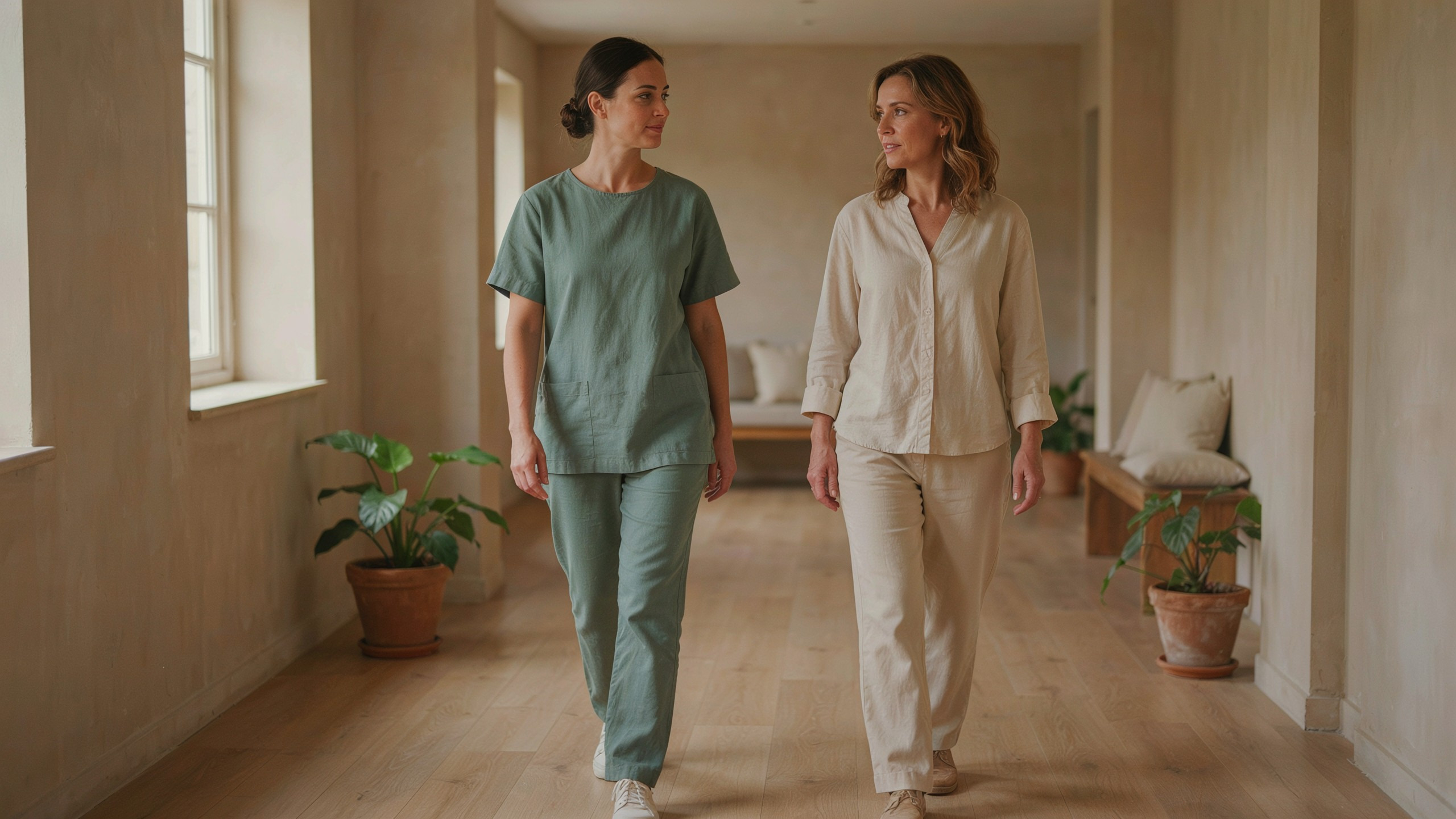 Fotografía realista de una profesional con uniforme verde salvia caminando al lado de una mujer adulta por un pasillo luminoso de la clínica, conversando a la misma altura