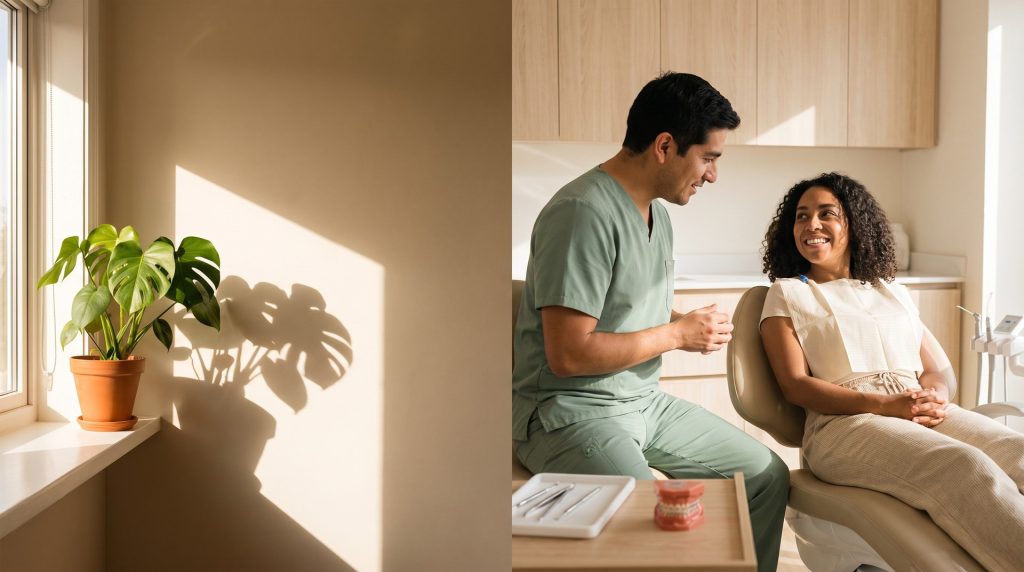 Un odontólogo sentado a la altura de su paciente conversa con ella en un box dental de madera clara