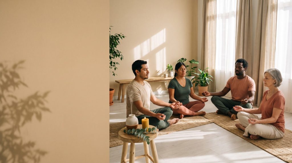 Cuatro personas de distintas edades meditan sentadas sobre esterillas en una sala luminosa, con un difusor de aroma, una vela y una ramita de eucalipto