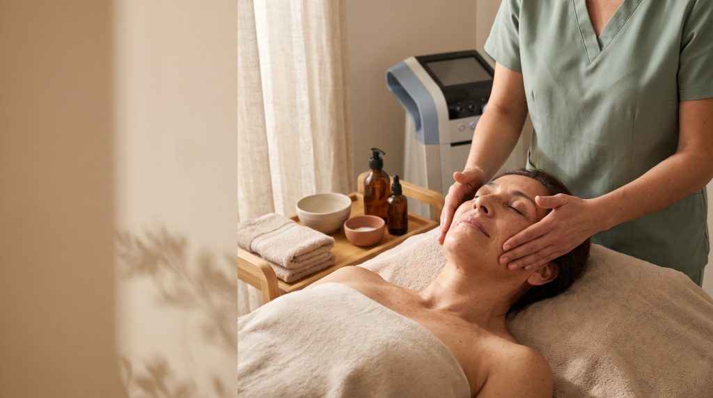 Una cosmiatra de verde salvia realiza un masaje facial a una mujer de piel natural en una cabina luminosa de madera