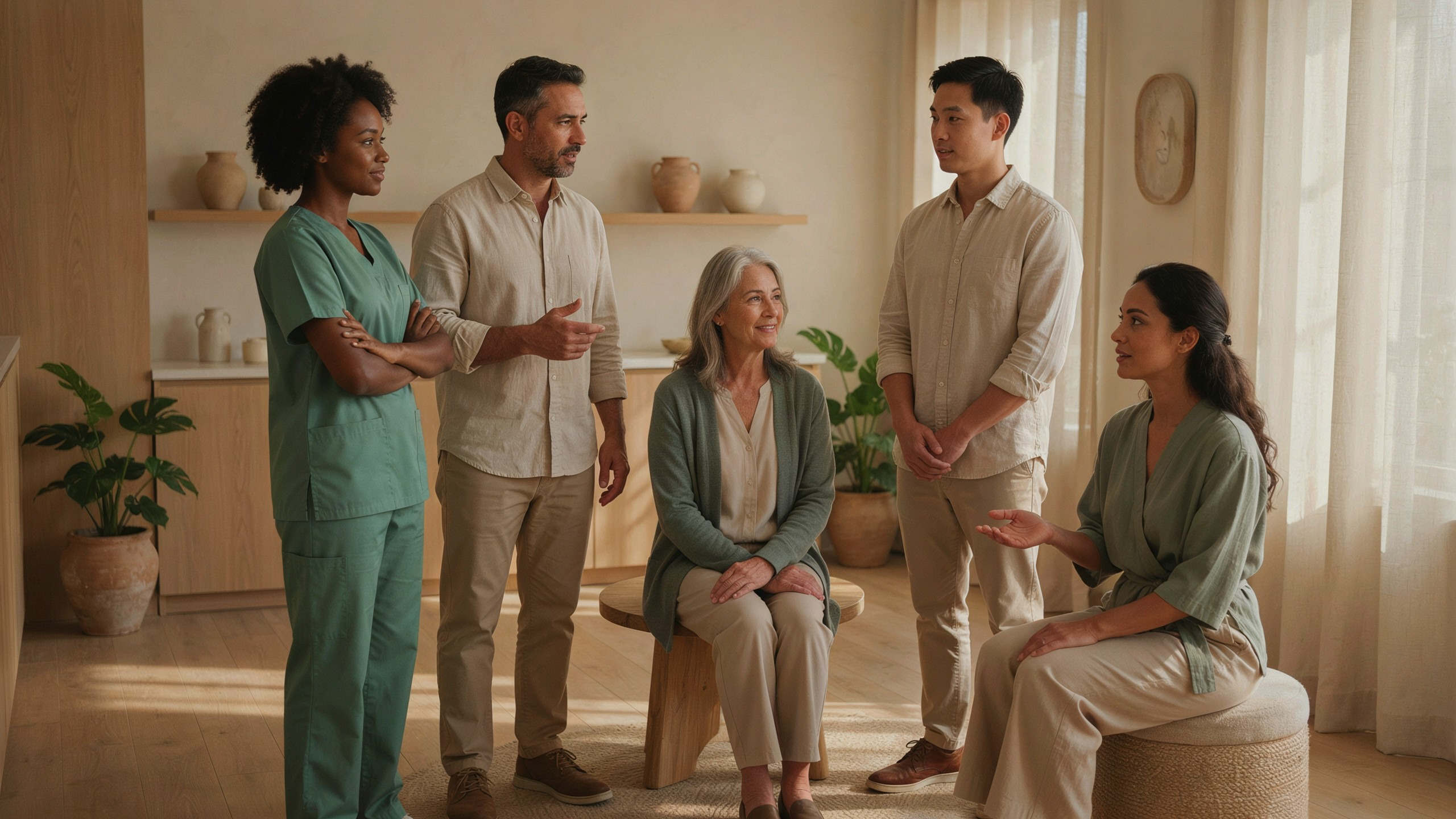 Fotografía realista de cinco profesionales de distintas edades y orígenes conversando con calidez en una sala luminosa de madera clara, con uniformes verde salvia y ropa de lino beige
