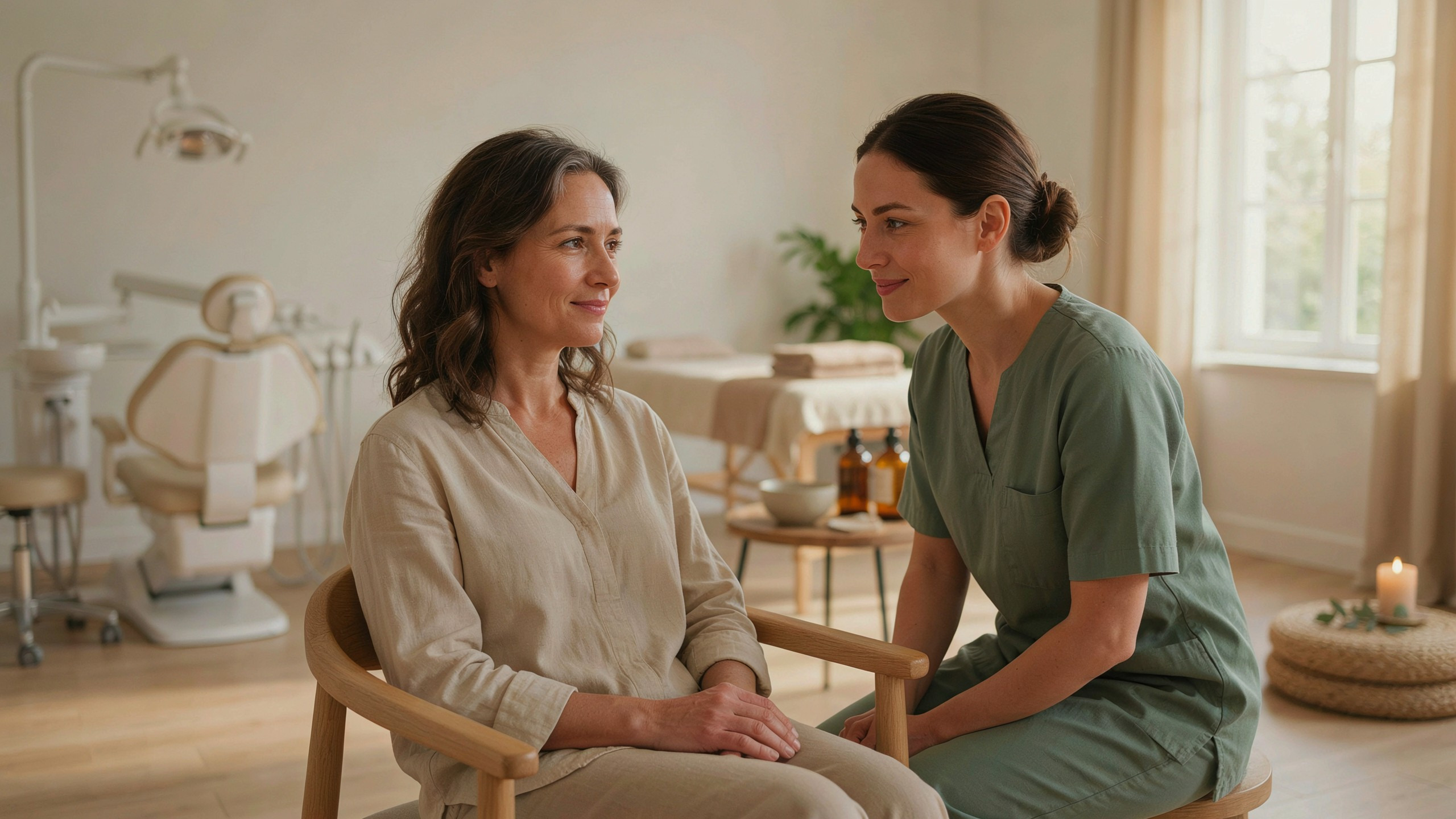 Fotografía de una mujer adulta conversando con calma con una profesional de uniforme verde salvia en una sala luminosa donde conviven el sillón dental, la camilla de estética y una zona de calma con vela y esterilla