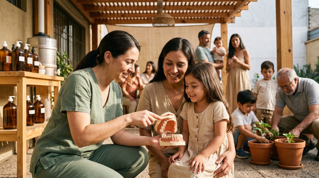 Jornada abierta en el patio: un odontólogo enseña a una niña a cepillarse con un modelo dental mientras niños y un abuelo plantan esquejes en macetas de terracota