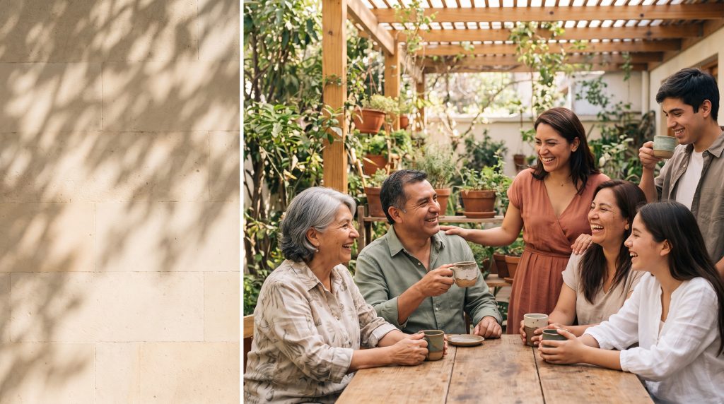 Personas de distintas generaciones comparten té y risas en el patio con pérgola de la clínica, una mañana de sábado