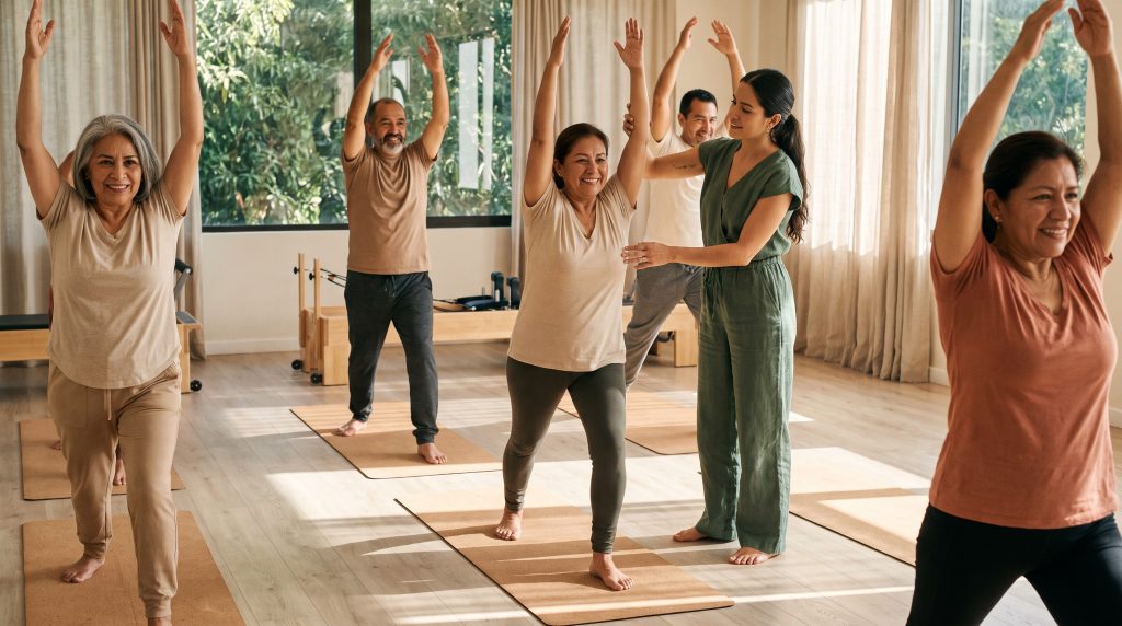 Clase reducida de yoga y pilates con personas de distintas edades; la instructora de verde salvia corrige con suavidad una postura