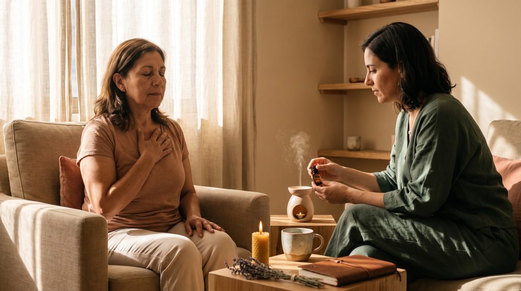 Sesión individual de acompañamiento: una mujer respira con calma en un sillón de lino mientras una terapeuta de verde salvia la escucha y prepara aromaterapia junto a un difusor de cerámica