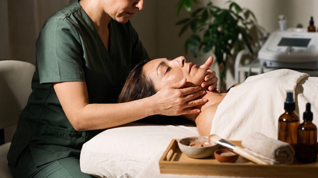Una cosmiatra de verde salvia realiza un drenaje linfático manual en el cuello y el rostro de una mujer relajada, junto a cuencos de cerámica y frascos de vidrio ámbar